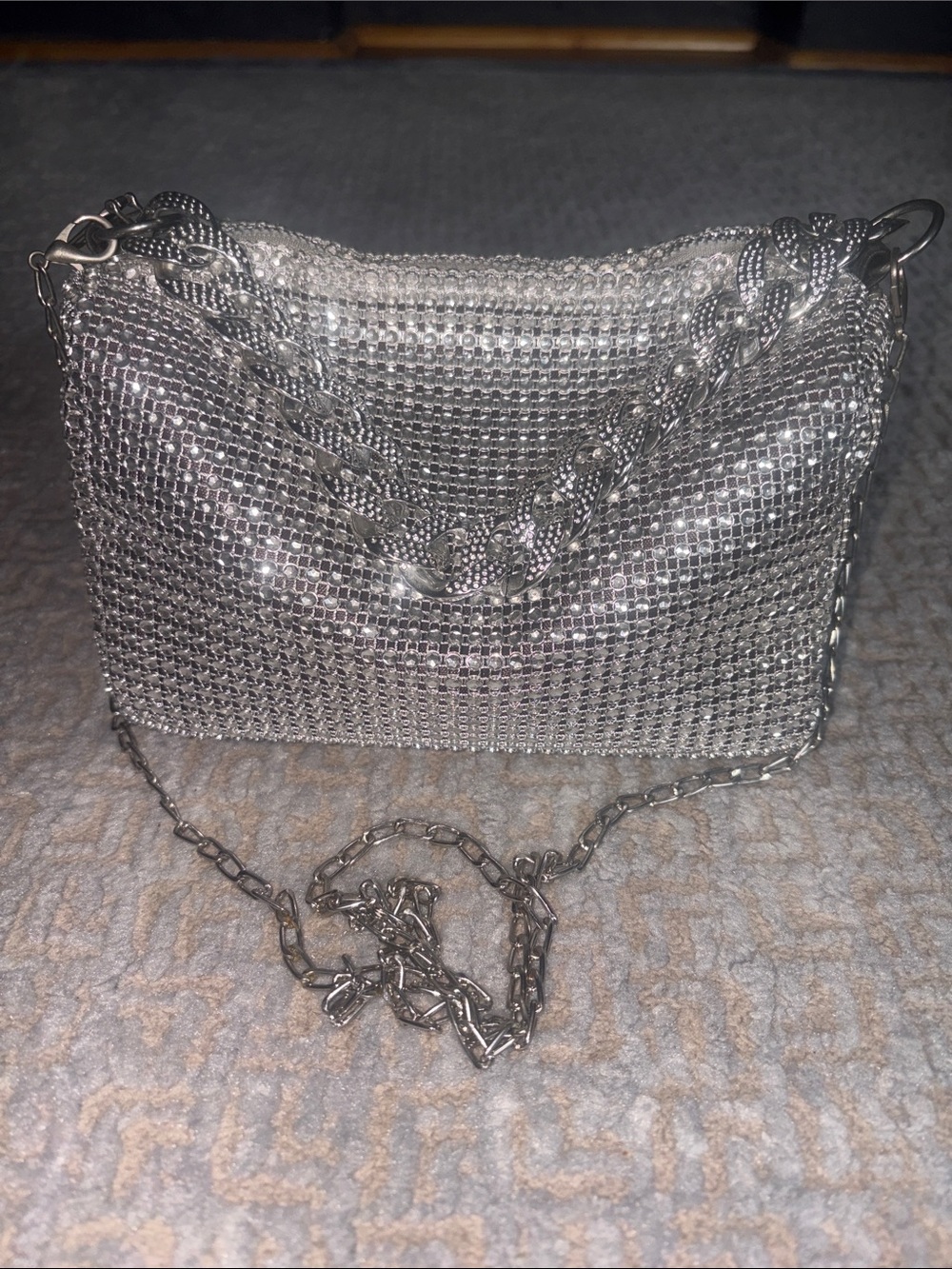 Silver Crystal Mesh Mini Shoulder Bag with Chain Strap